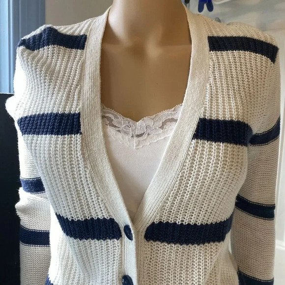 OldNavy Lose Knit Long Sleeve Cardigan Sweater Lady Sz Sp White Navy Linen Blend - Picture 8 of 9